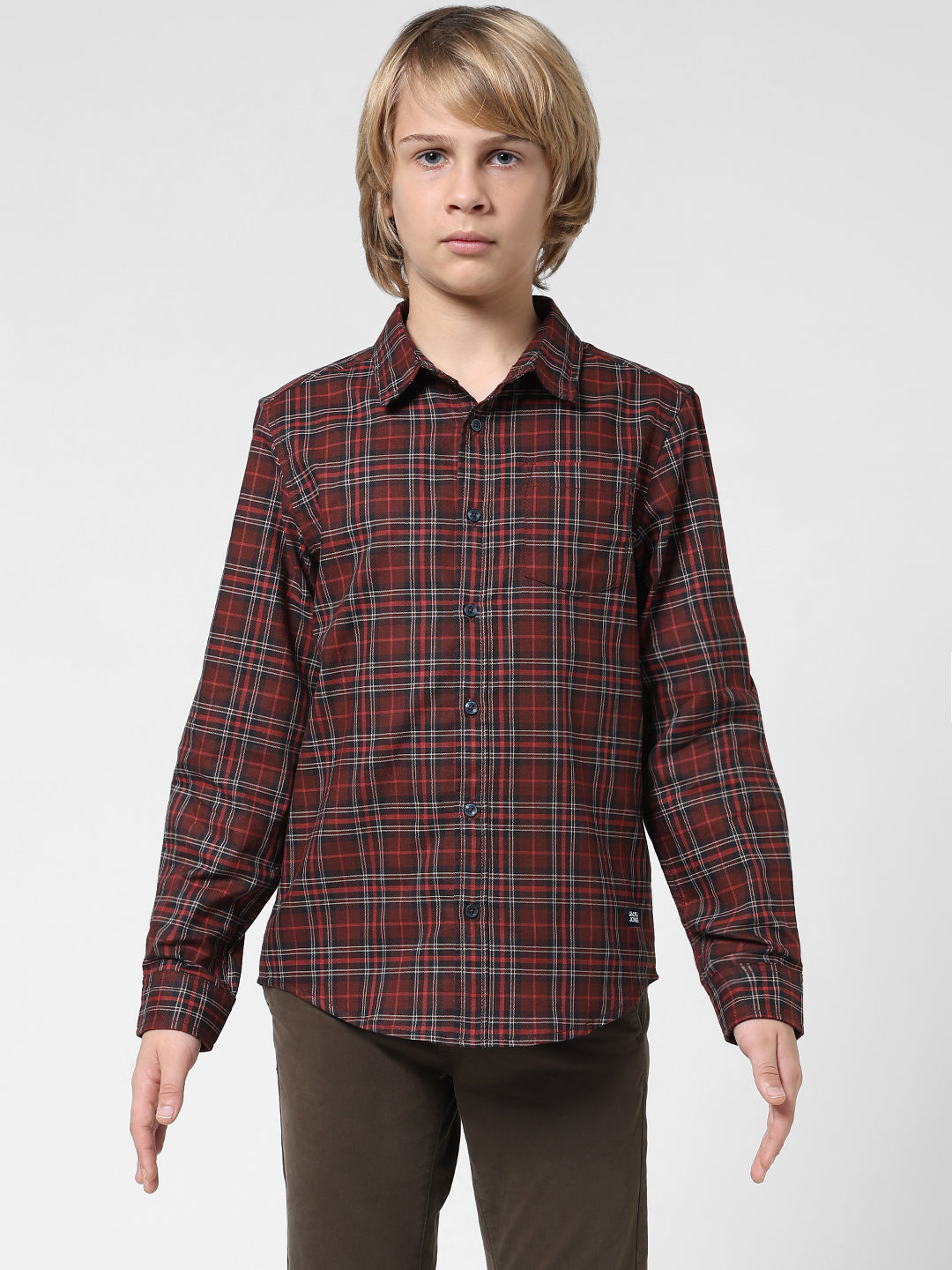 Boys Dark Red Check Cotton Shirt