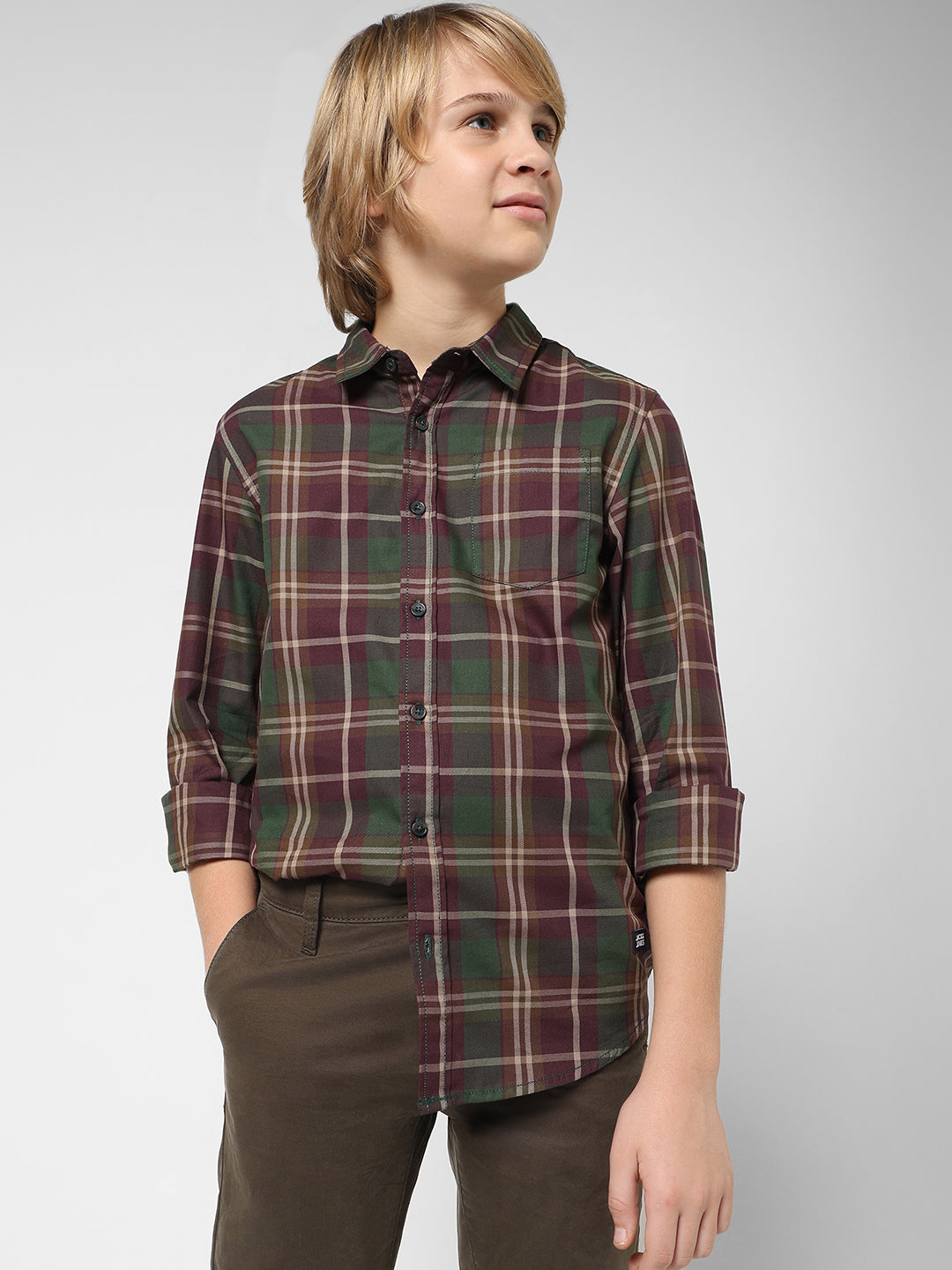 Boys Wine Check Cotton Shirt