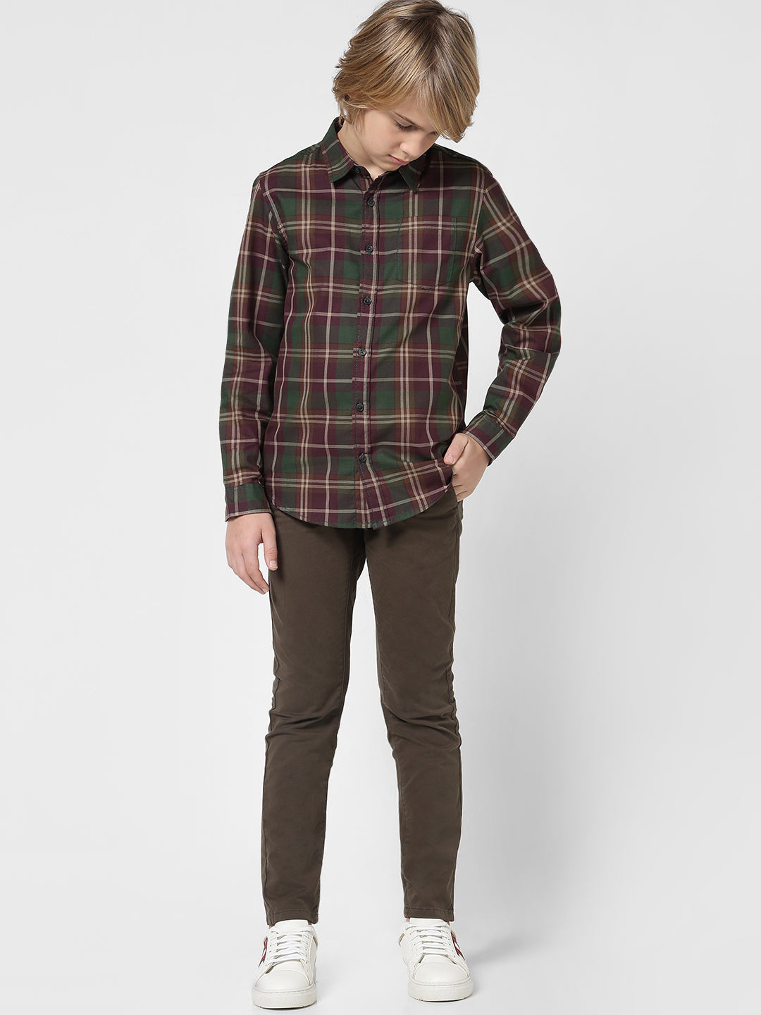 Boys Wine Check Cotton Shirt
