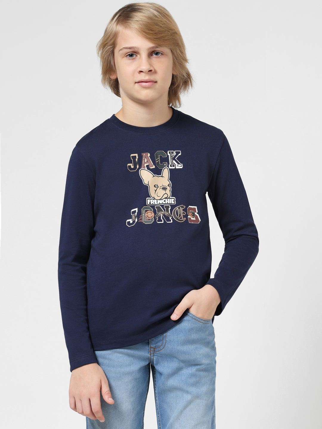 Boys Navy Printed Cotton T-shirt