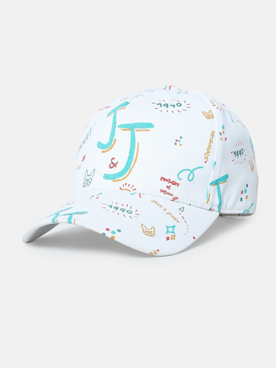 White Doodle Print Baseball Cap