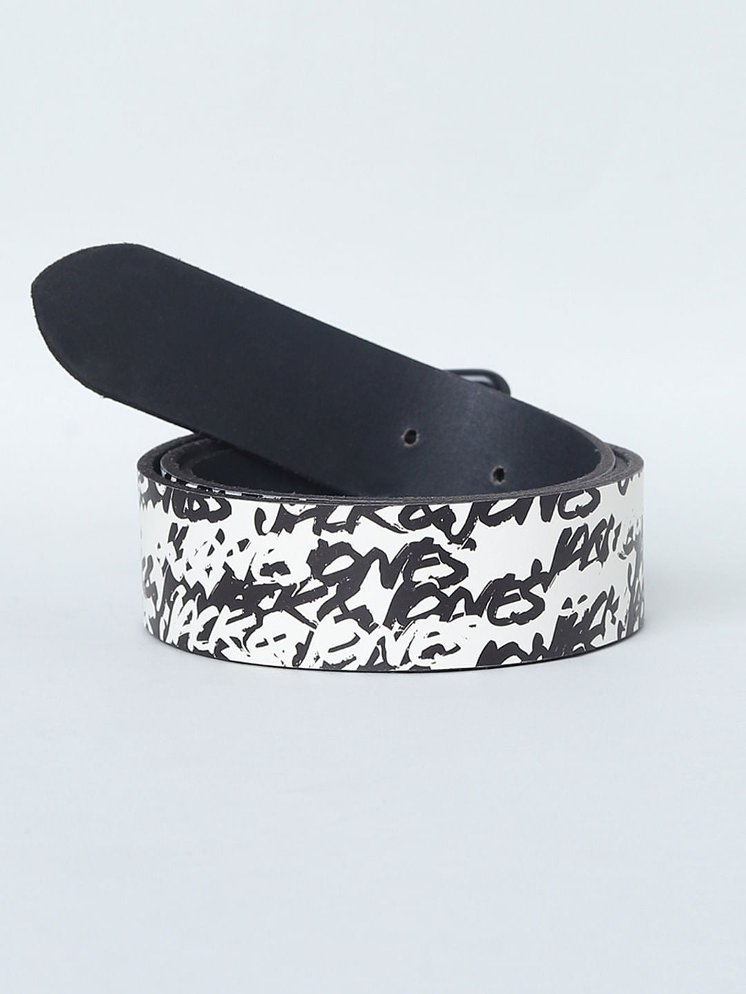 White Logo Print Leather Belt