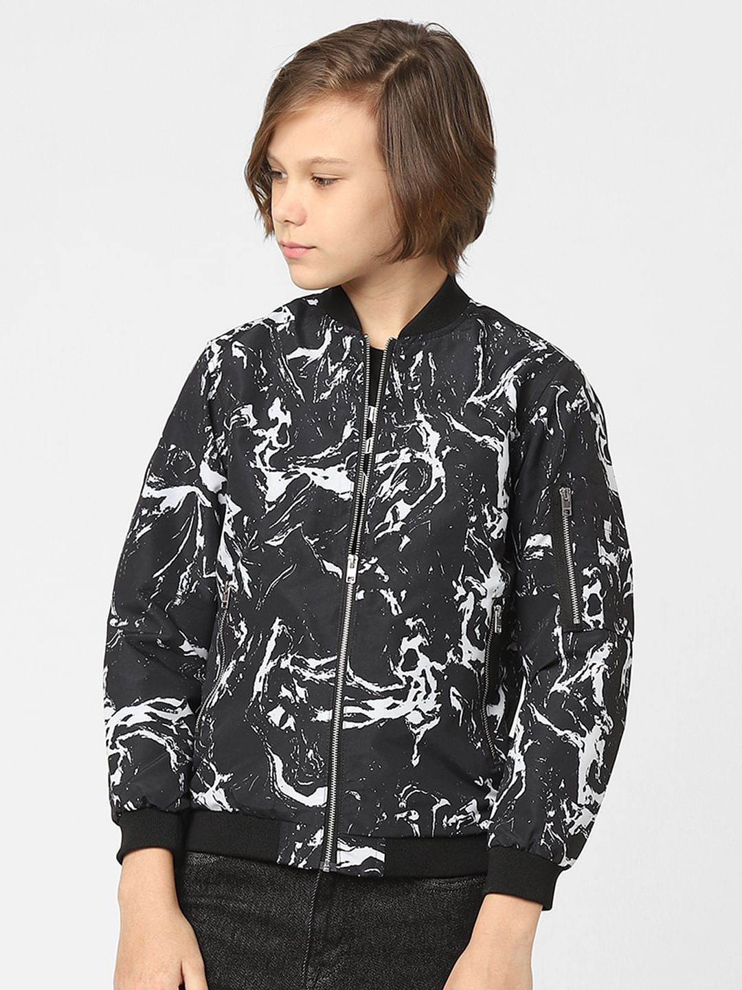 Boys Black Printed Bomber Jacket