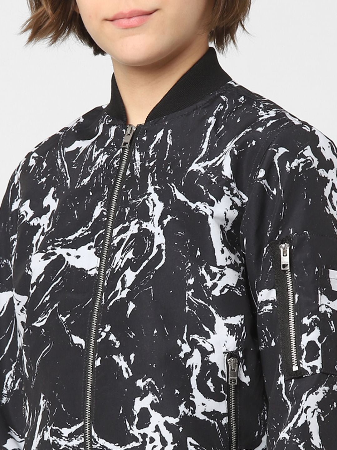 Boys Black Printed Bomber Jacket