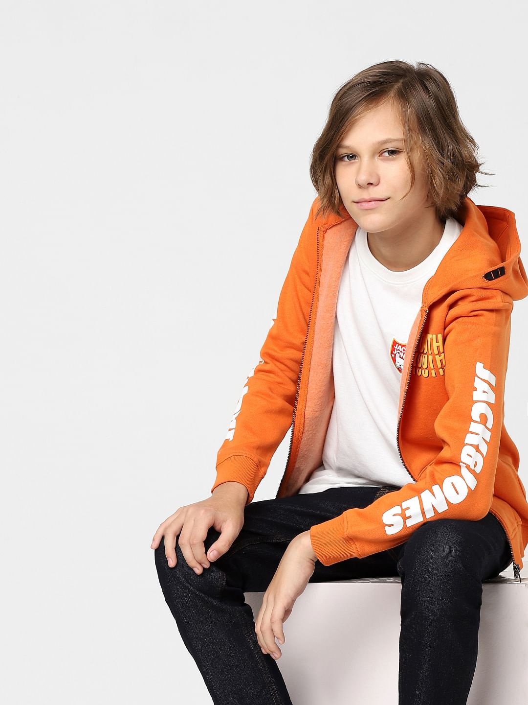 Boys Orange Hooded Zip Up Sweatshirt - Main Image