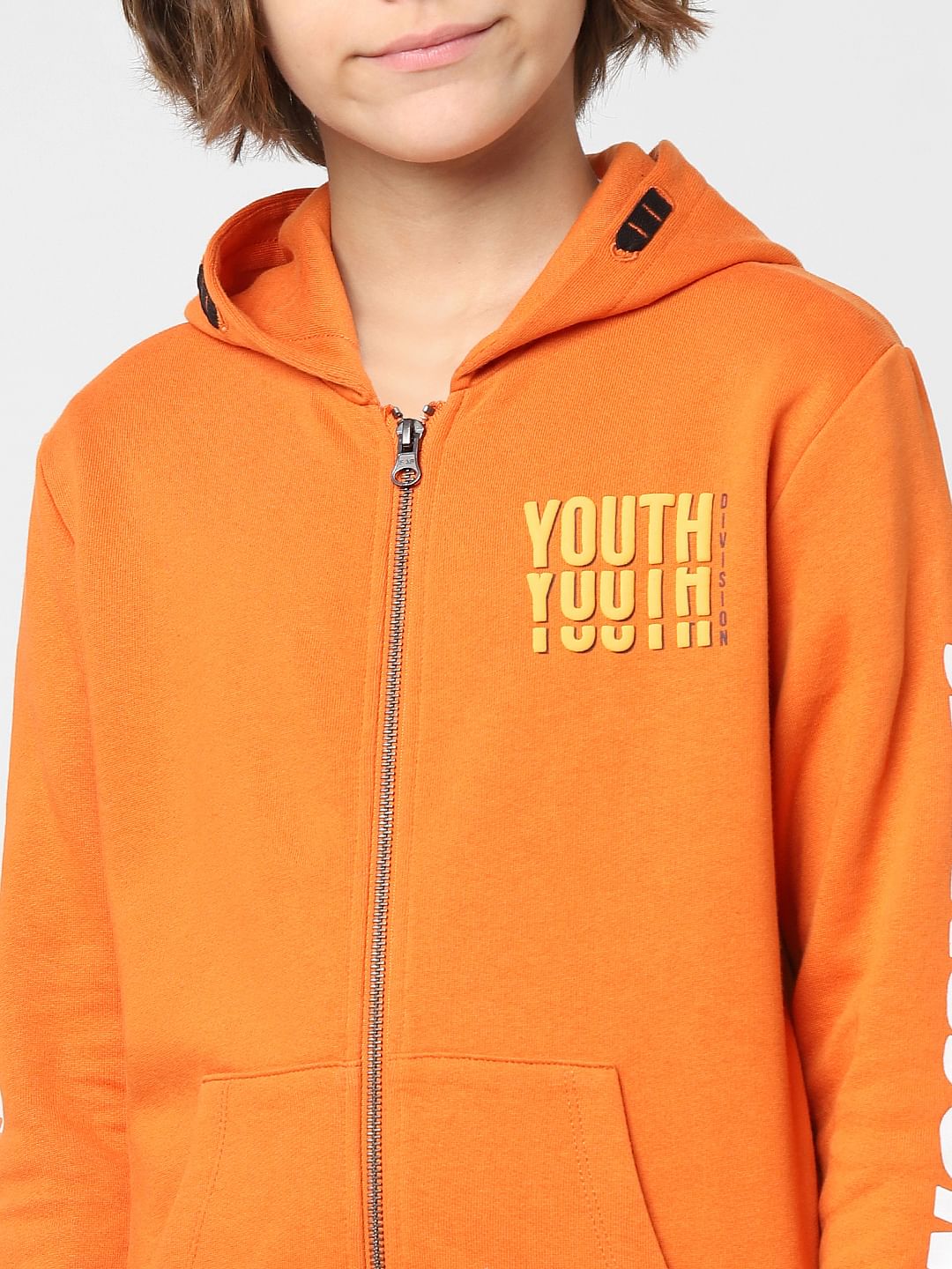 Boys Orange Hooded Zip Up Sweatshirt