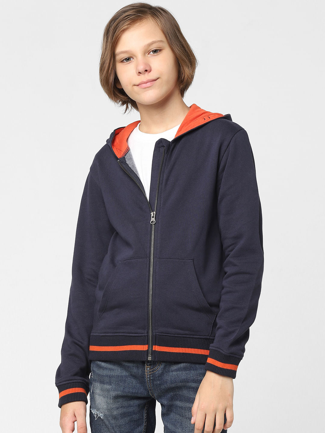 Boys Navy Blue Hooded Zip Up Sweatshirt