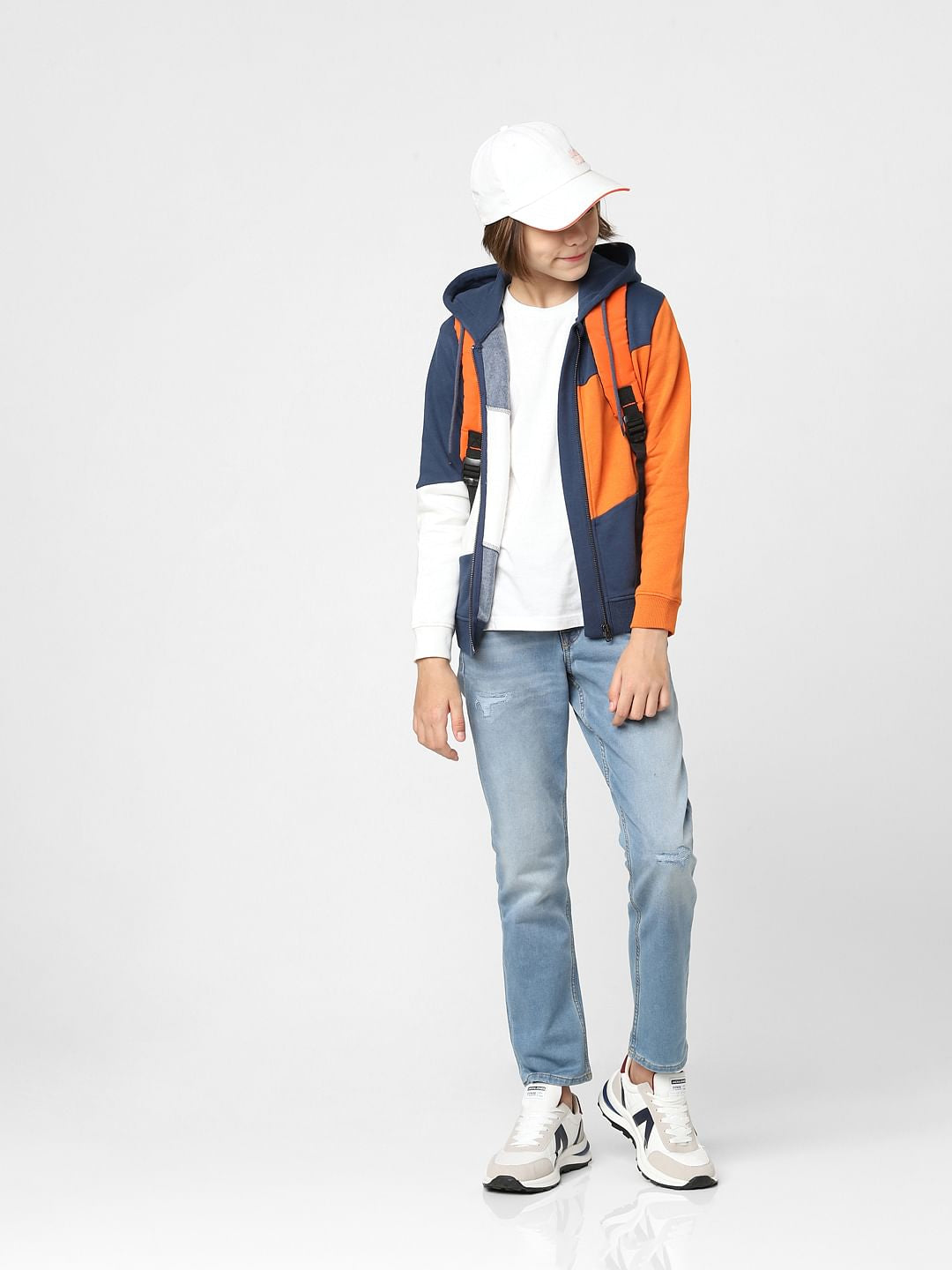 Boys Orange Colourblocked Zip-Up Sweatshirt