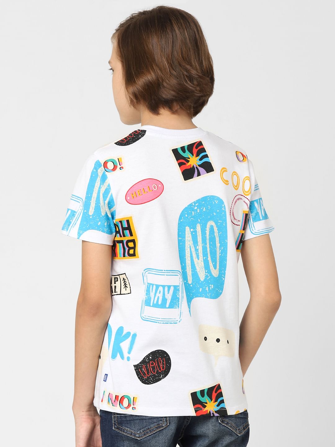 Boys White Printed Crew Neck T-shirt