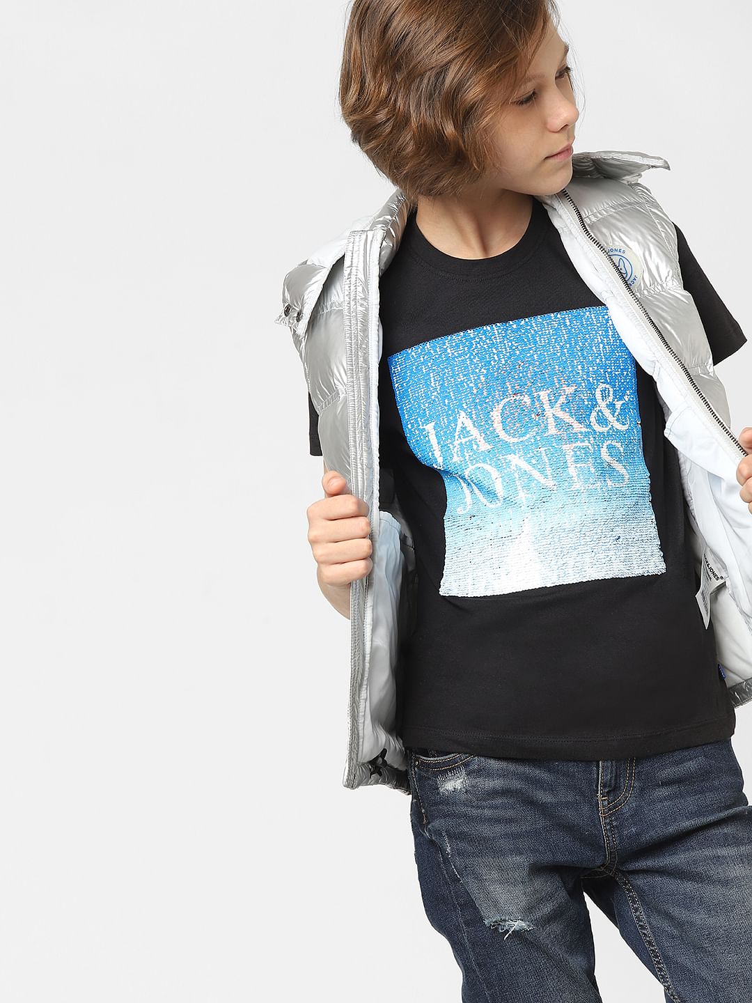 Boys Black Sequins Detail T-shirt