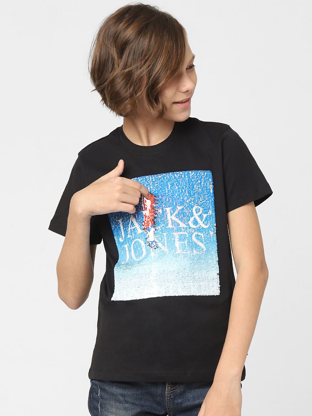 Boys Black Sequins Detail T-shirt