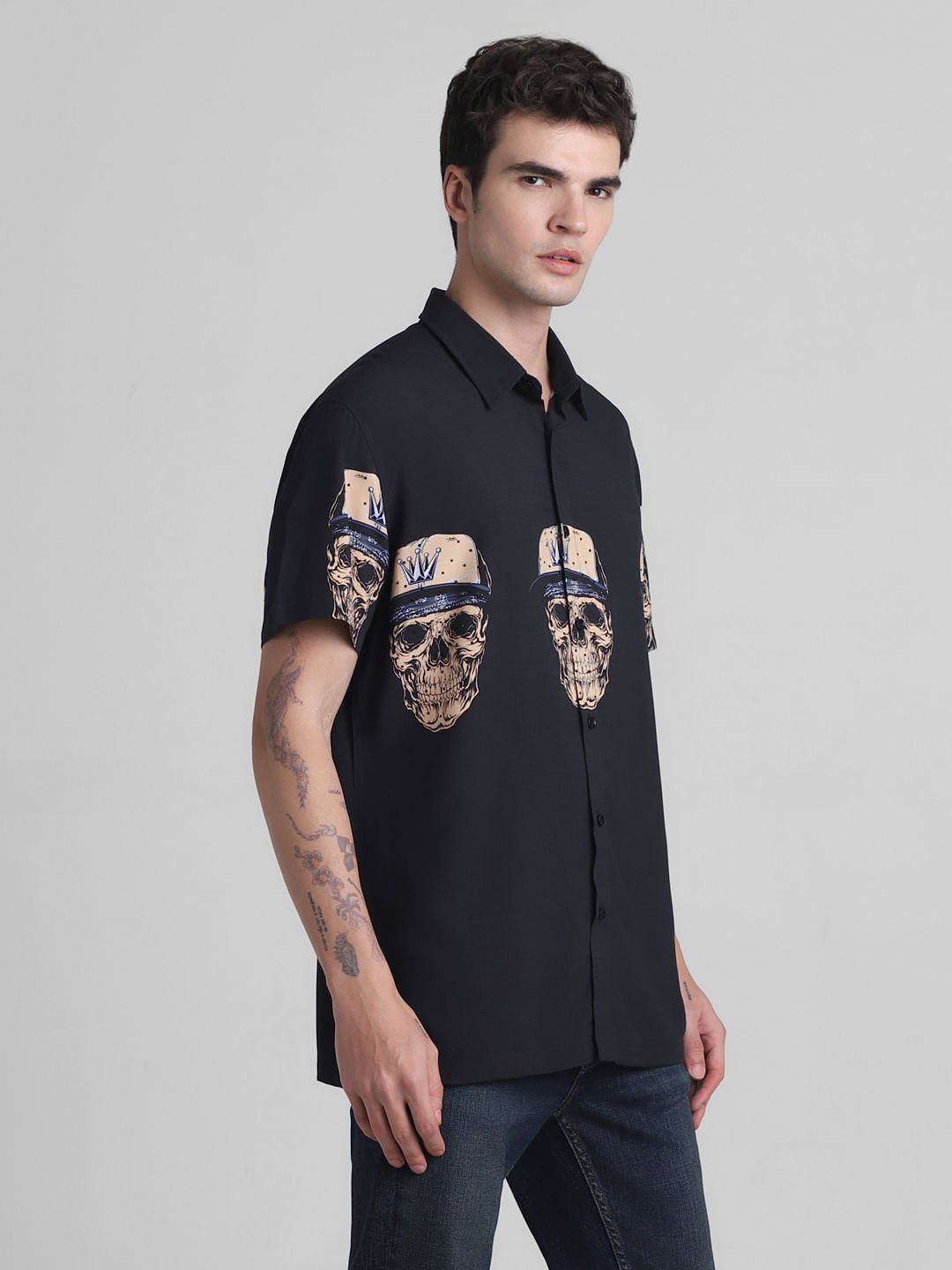 Black Embellished Print Short Sleeves Shirt