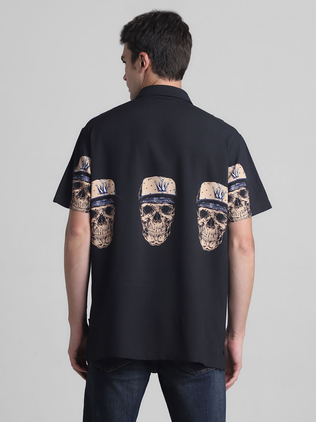 Black Embellished Print Short Sleeves Shirt