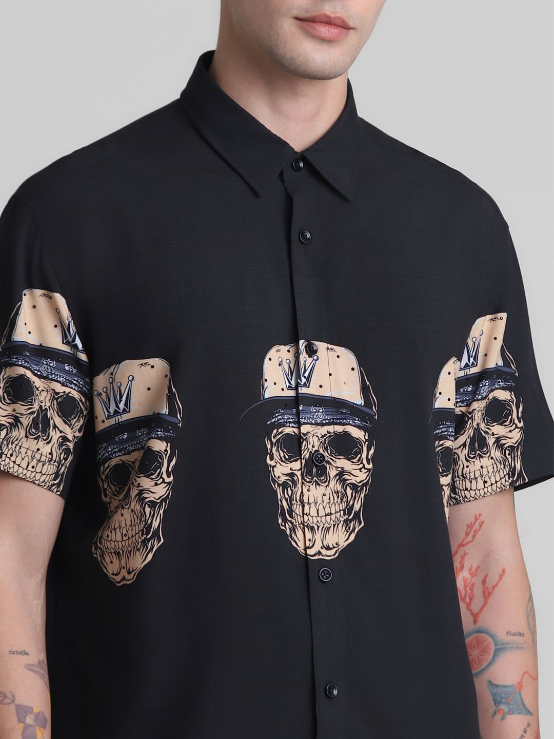 Black Embellished Print Short Sleeves Shirt