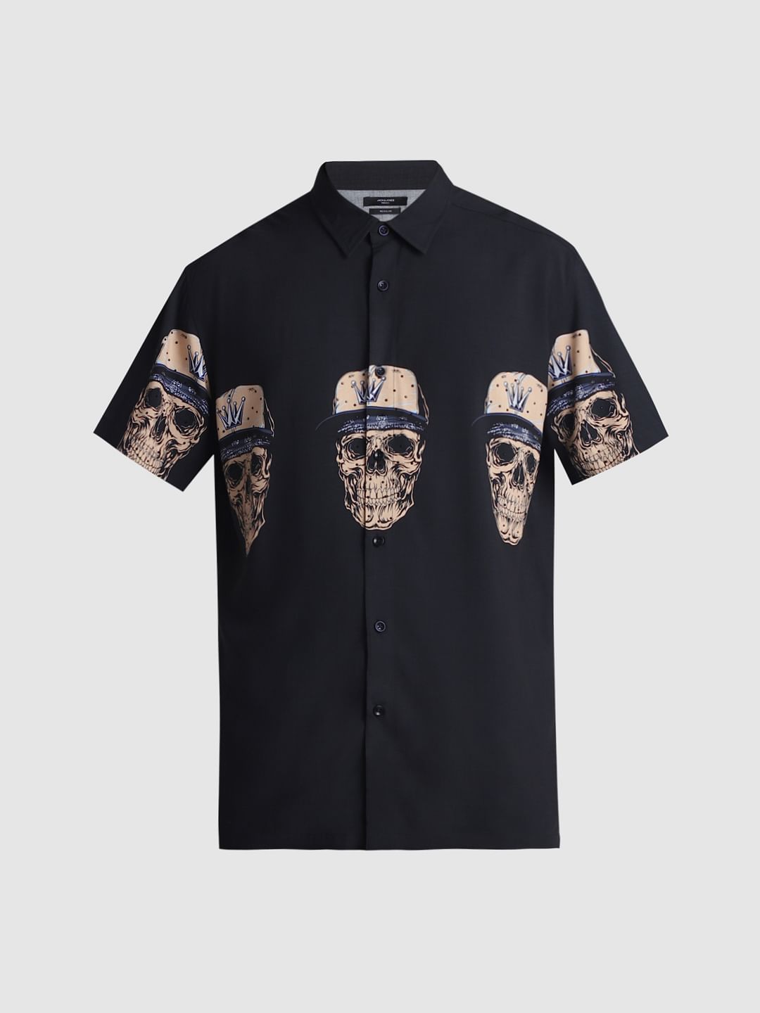 Black Embellished Print Short Sleeves Shirt