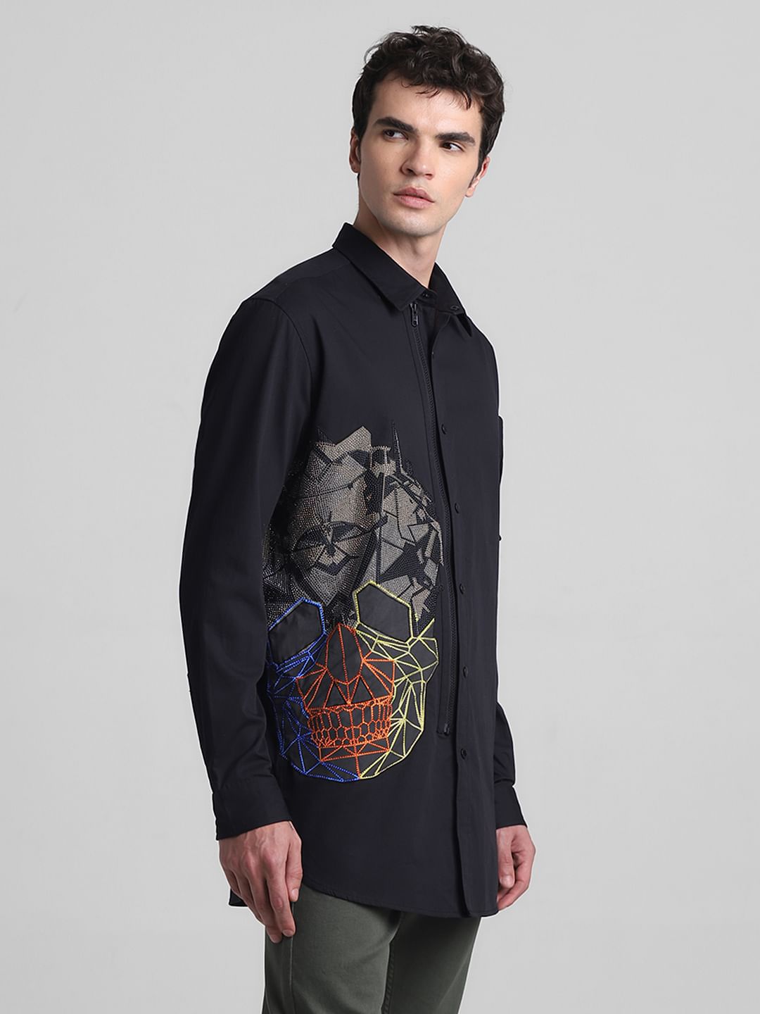 Black Applique Detail Full Sleeves Shirt