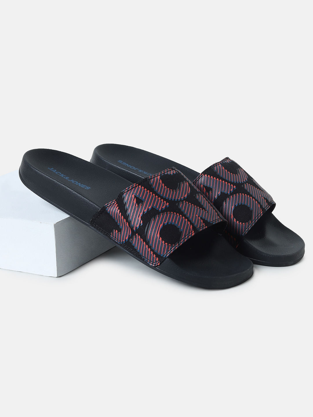 Black Logo Print Pool Sliders