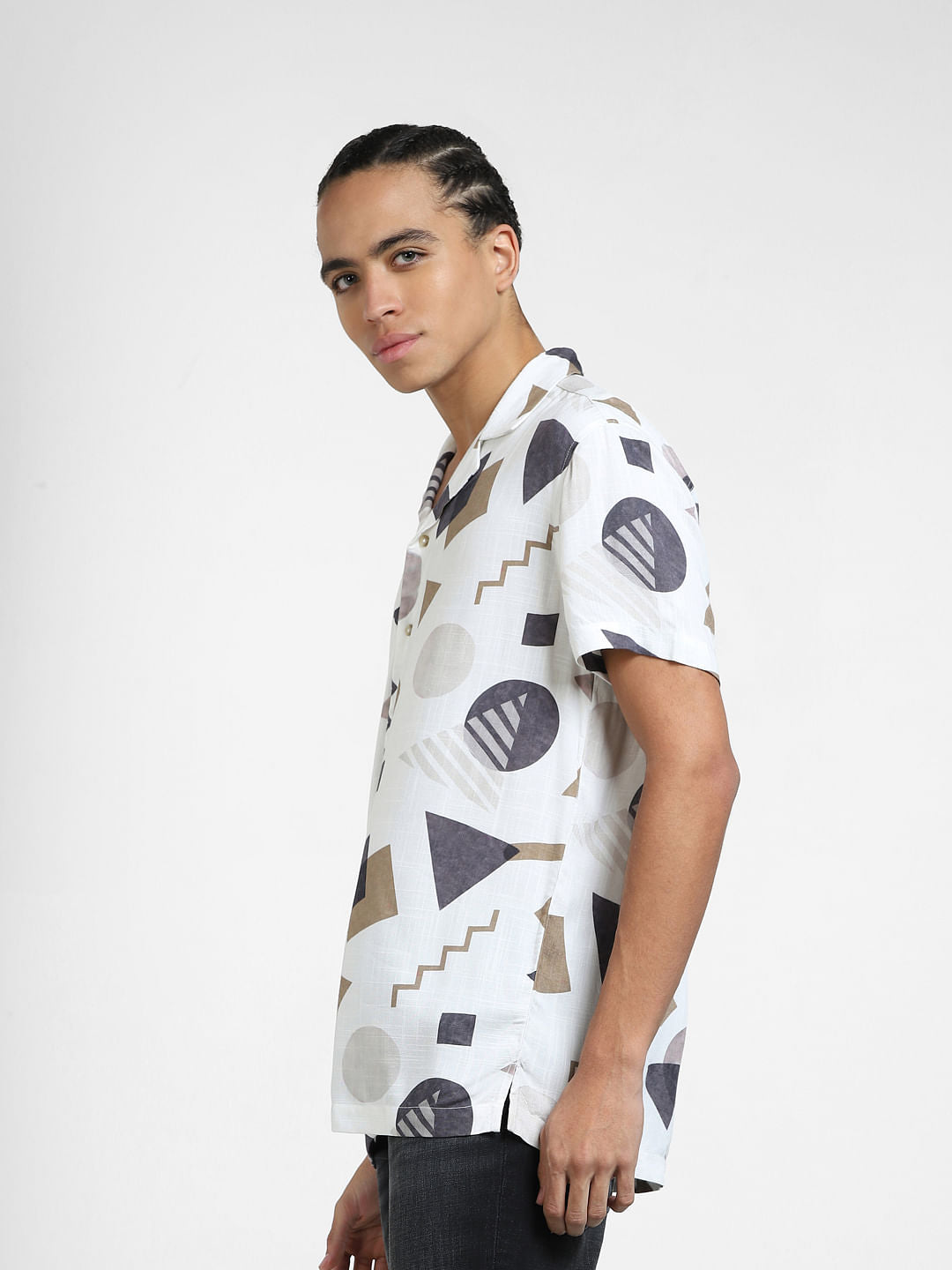 Beige Geometric Print Short Sleeves Shirt