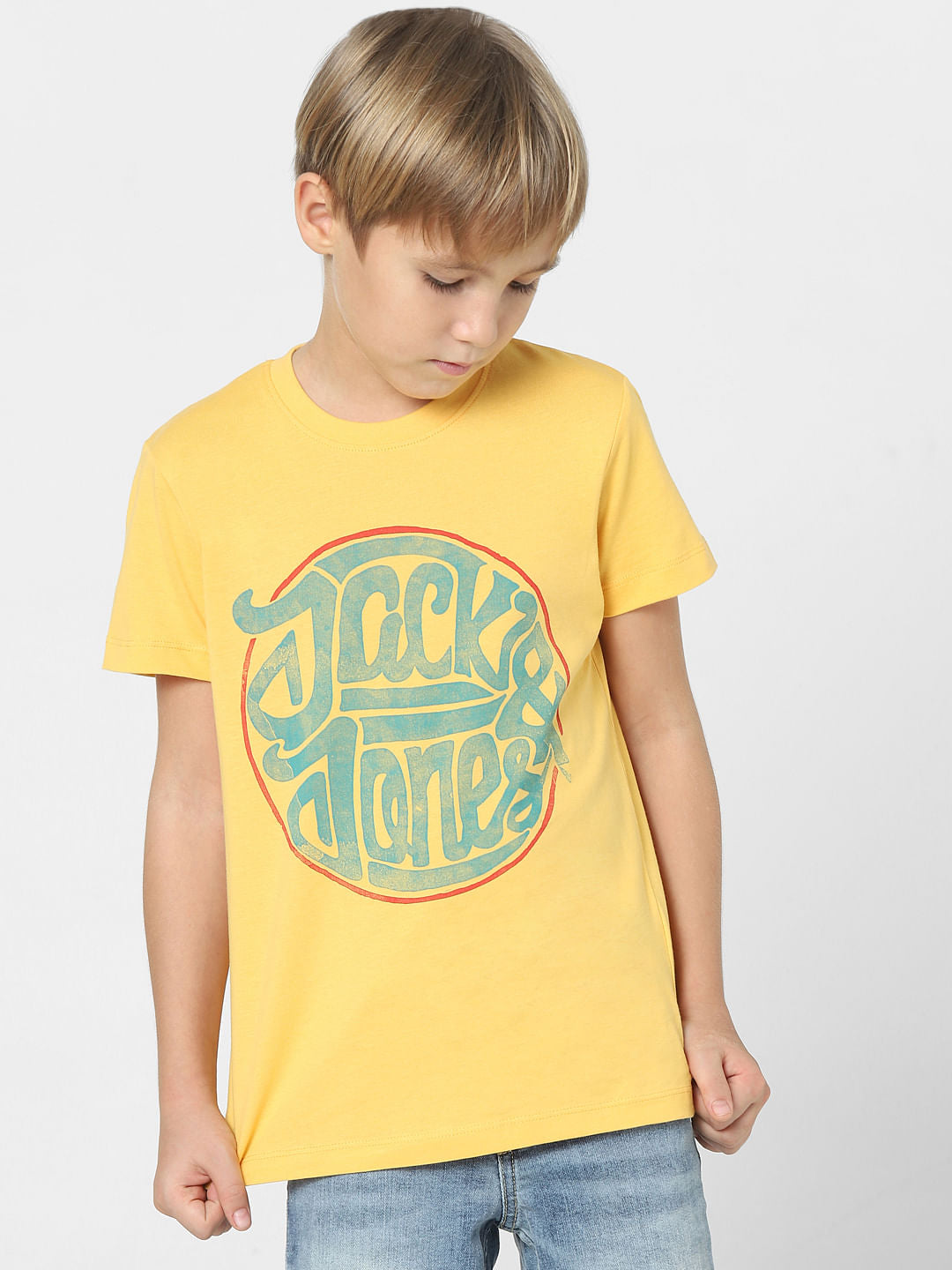 Boys Yellow Logo Print Crew Neck T-shirt