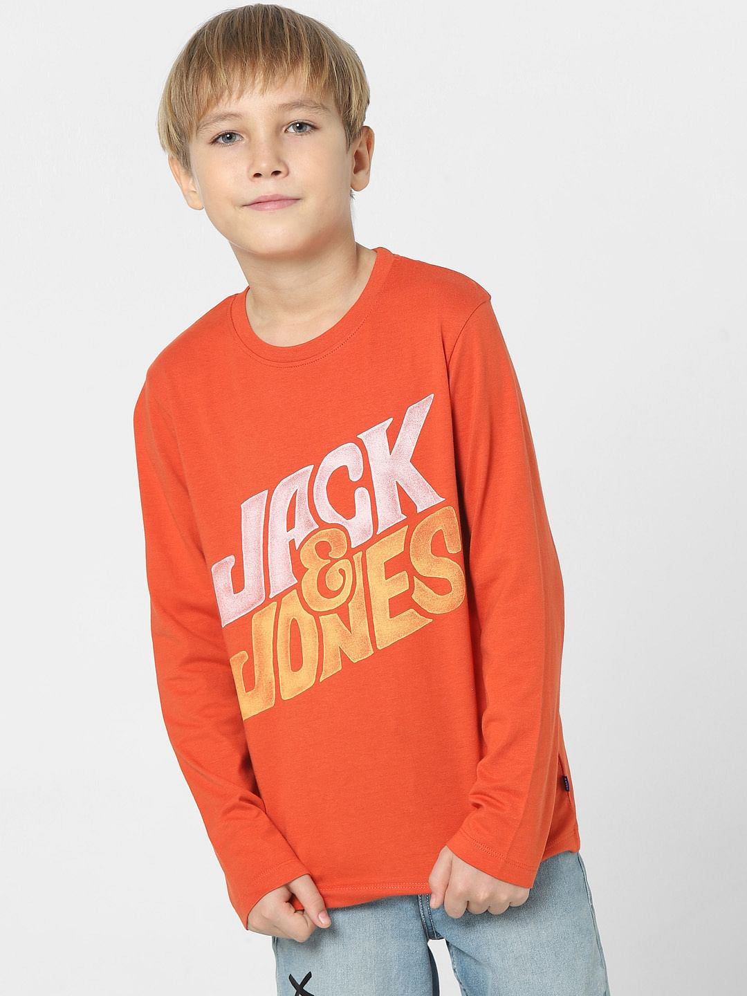 Boys Red Logo Print Full Sleeves T-shirt