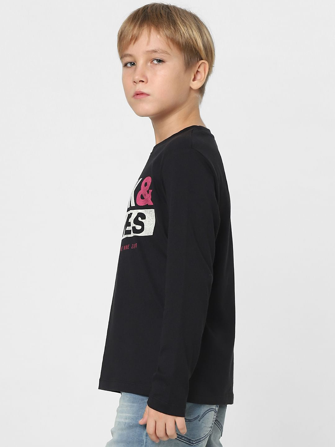 Boys Black Logo Print Full Sleeves T-shirt