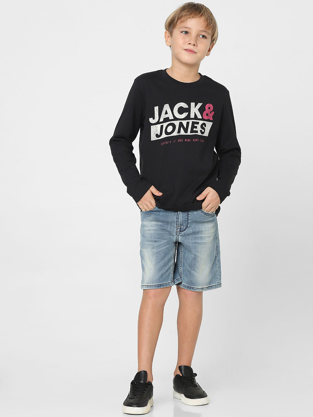 Boys Black Logo Print Full Sleeves T-shirt