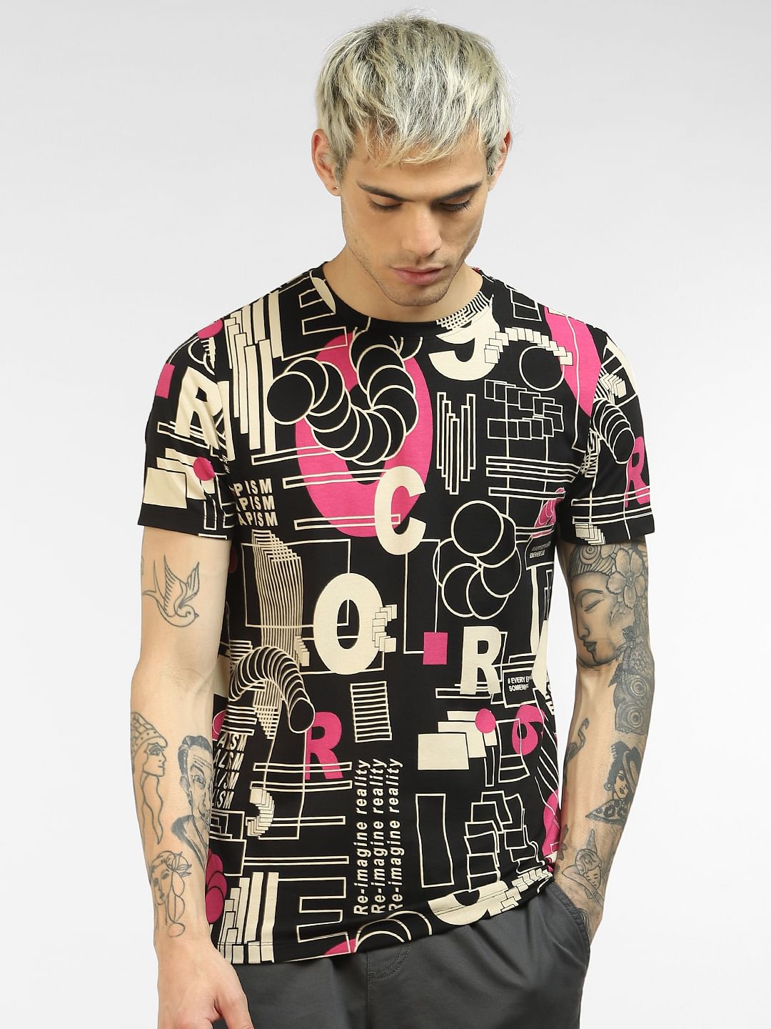 Black Abstract Print Crew Neck T-shirt