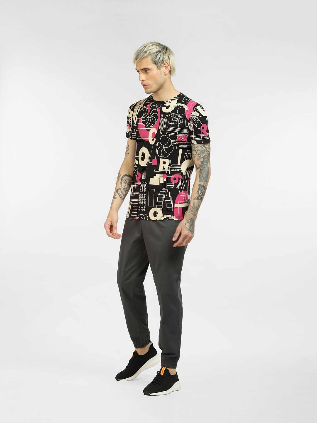 Black Abstract Print Crew Neck T-shirt