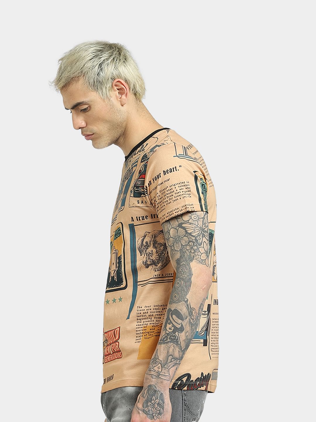 Beige Comic Graphic Print Crew Neck T-shirt