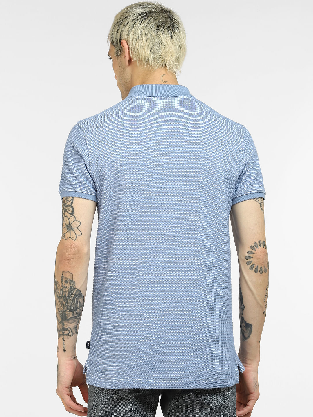 Blue Textured Knit Polo Neck T-shirt