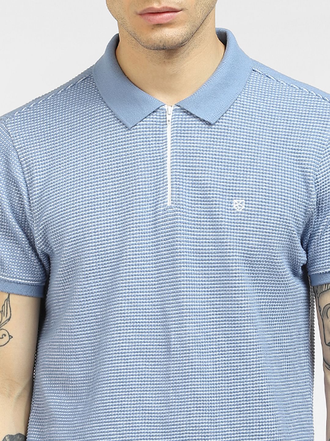 Blue Textured Knit Polo Neck T-shirt