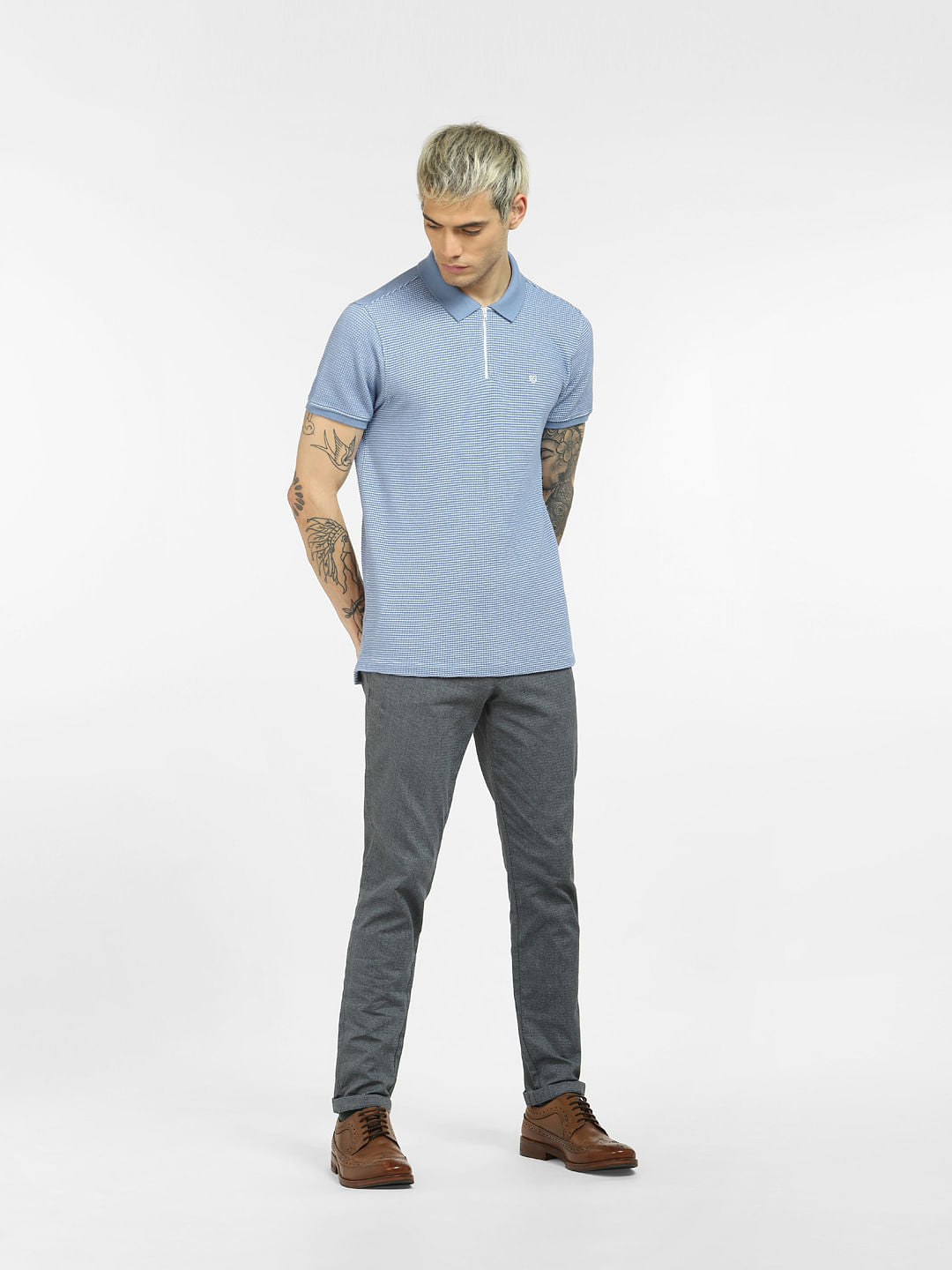 Blue Textured Knit Polo Neck T-shirt