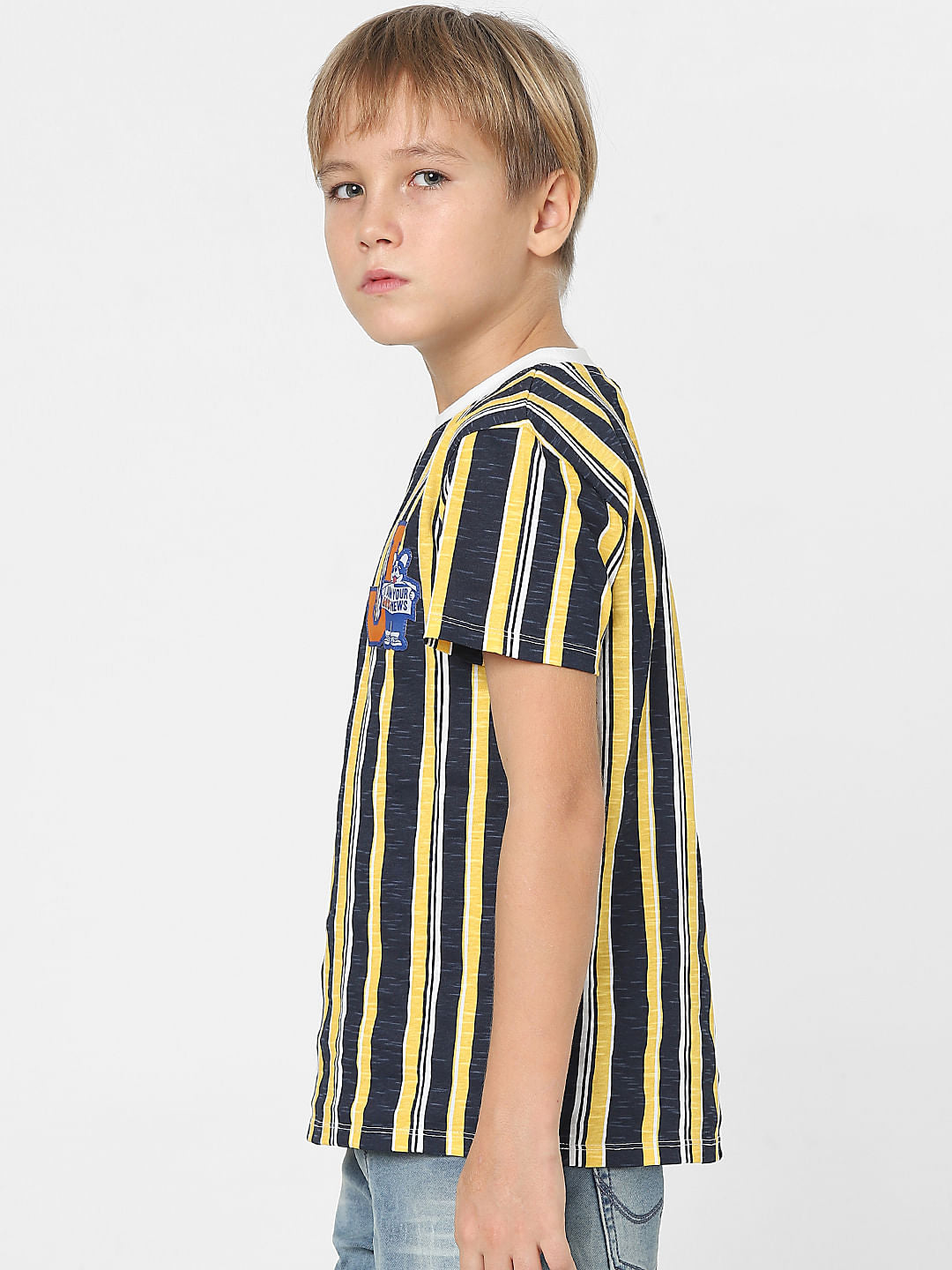 Boys Yellow Striped Crew Neck T-shirt