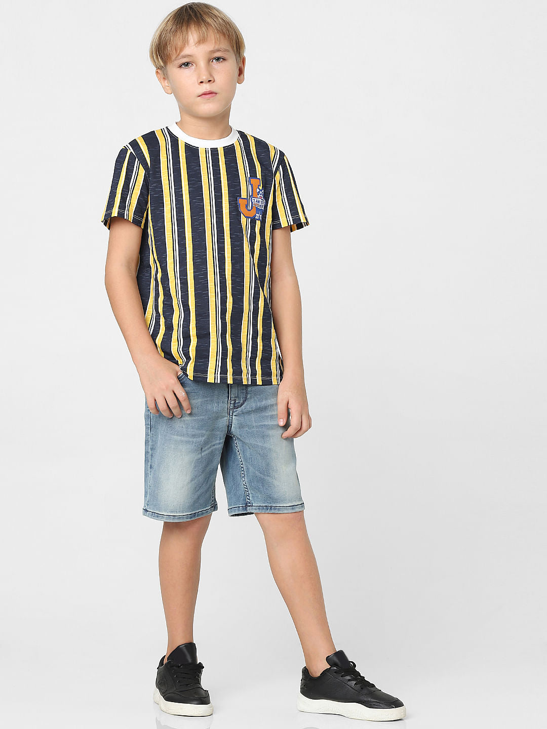 Boys Yellow Striped Crew Neck T-shirt