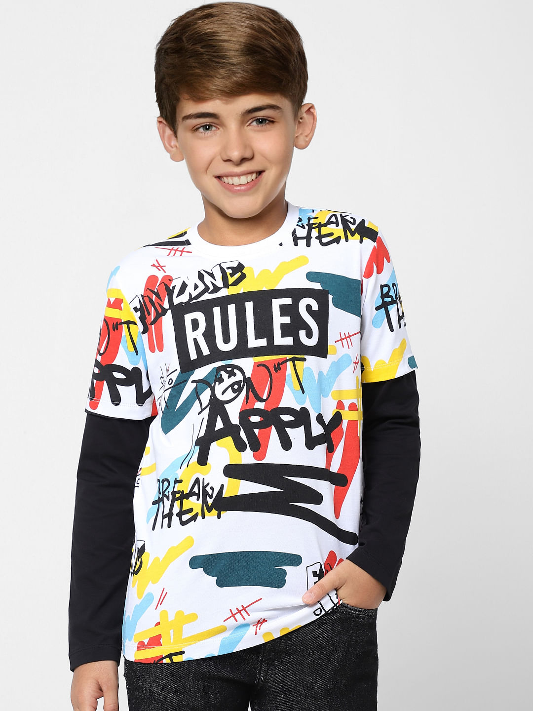 Boys White Typographic Print T-shirt