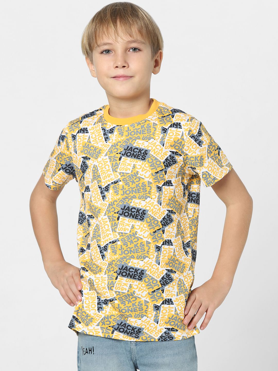 Boys Yellow Logo Print Crew Neck T-shirt