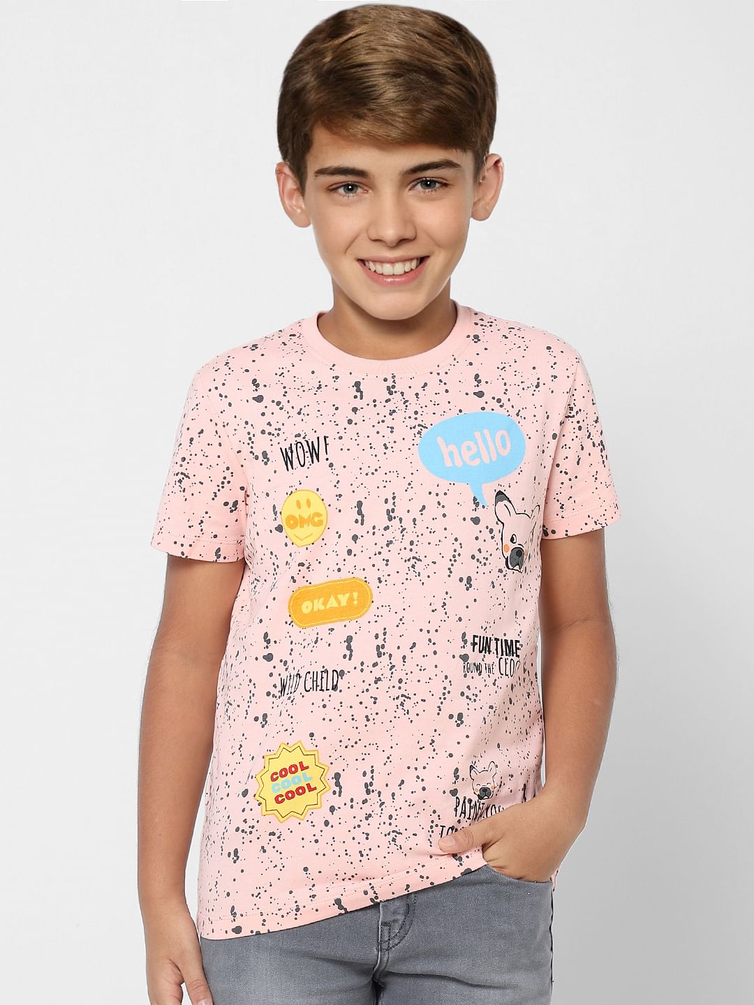 Boys Peach Printed Crew Neck T-shirt