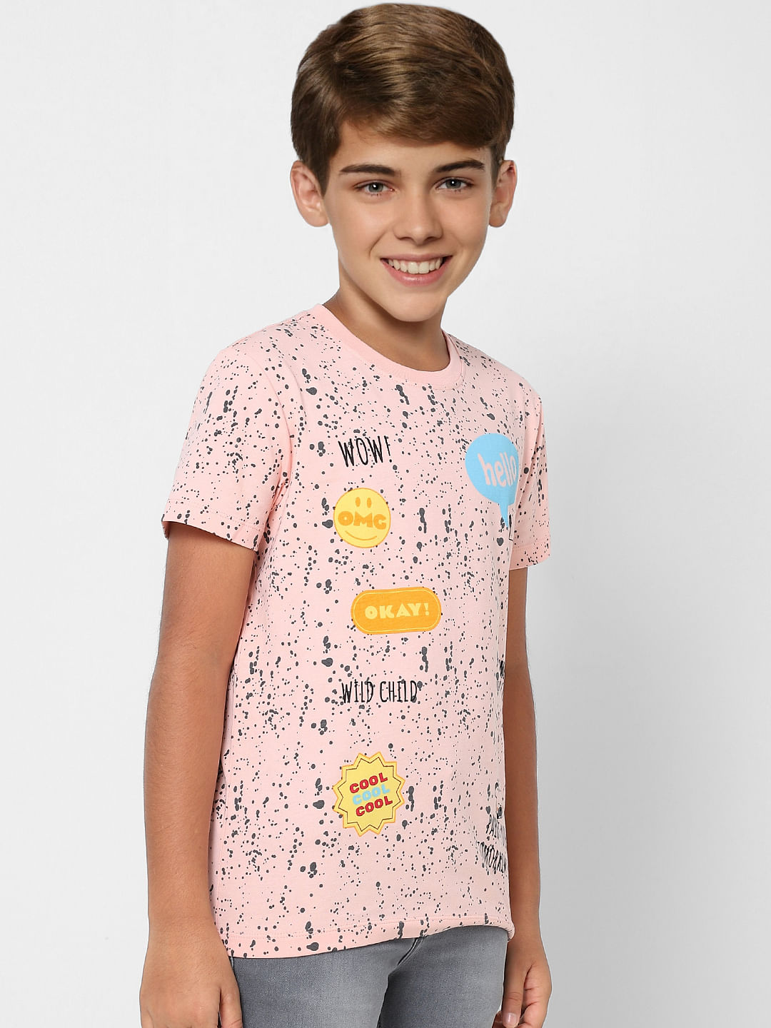 Boys Peach Printed Crew Neck T-shirt