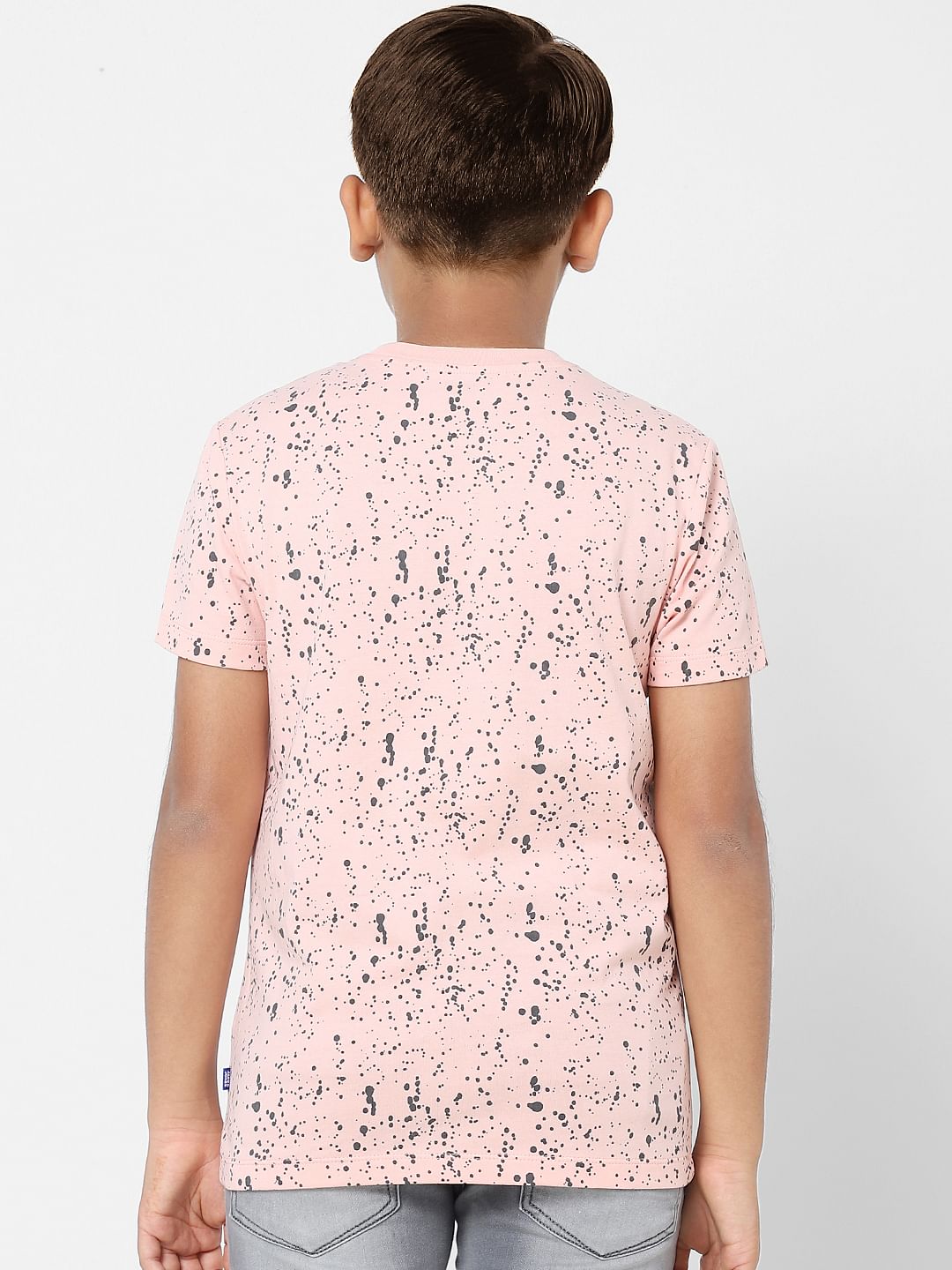 Boys Peach Printed Crew Neck T-shirt