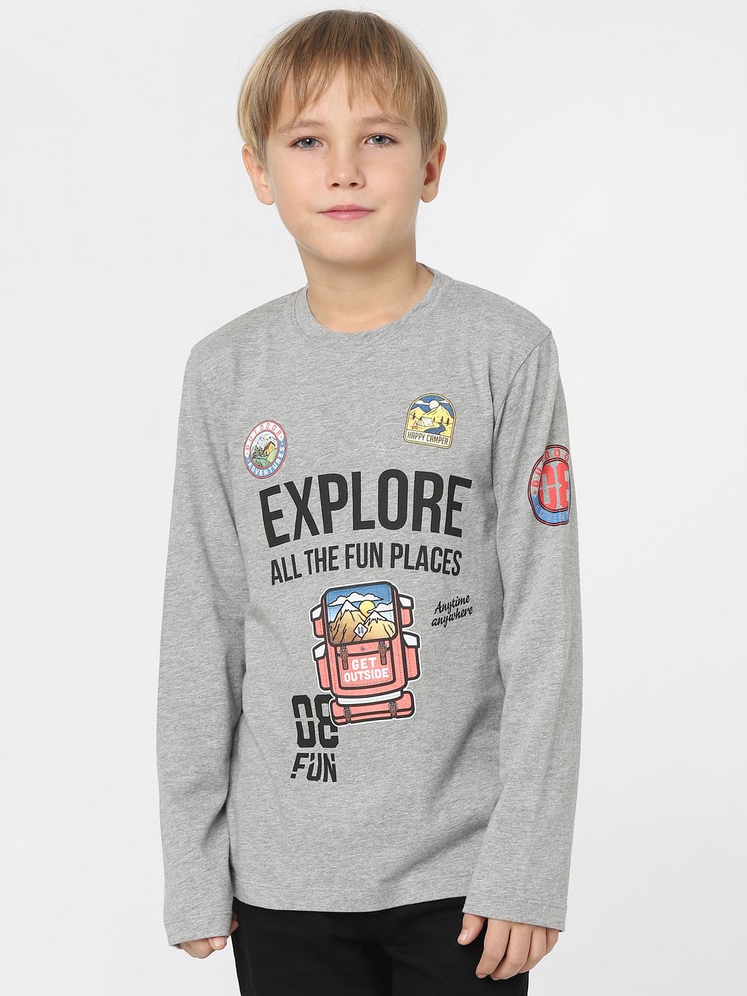 Boys Grey Text Print Crew Neck T-shirt