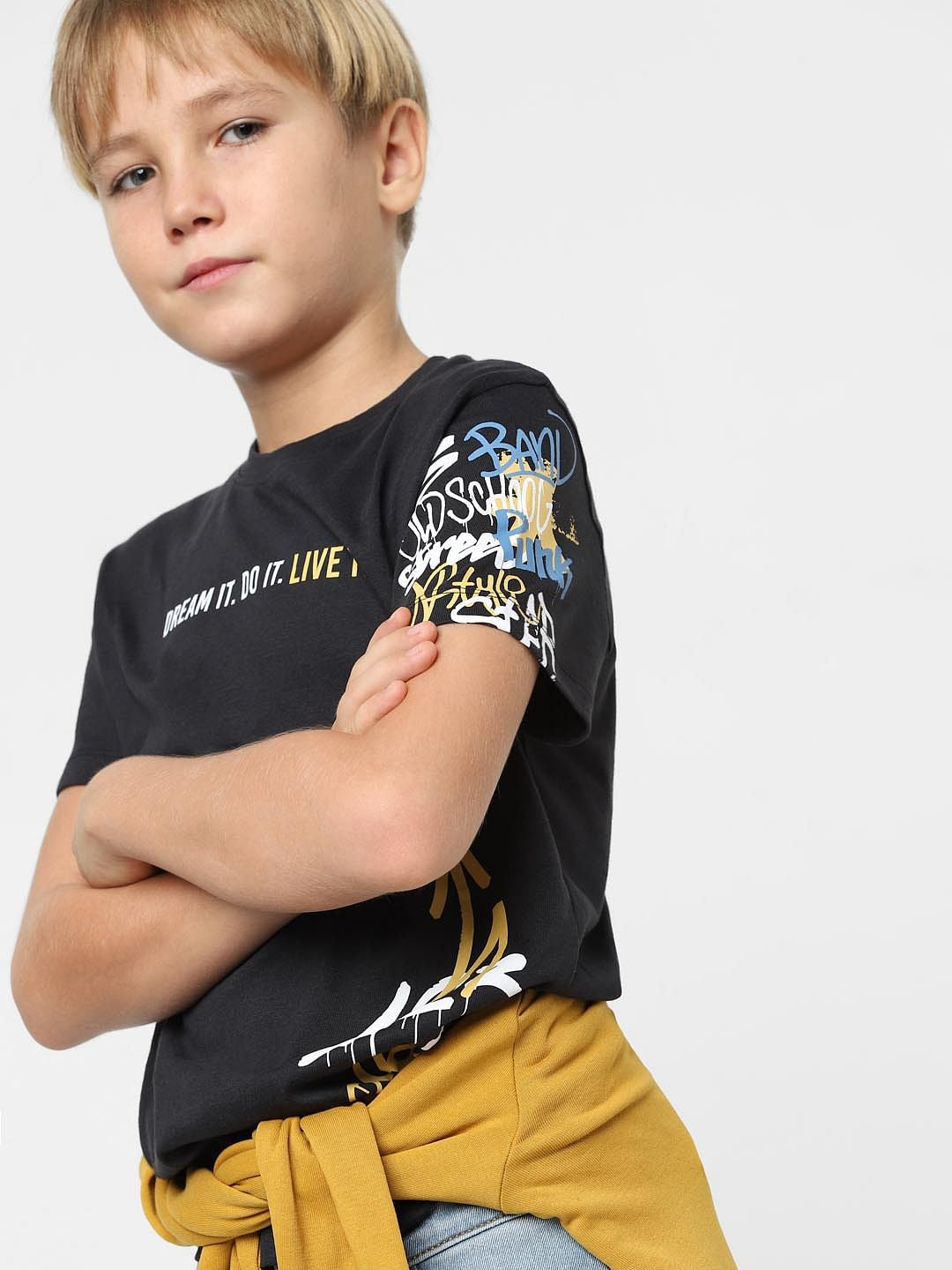 Boys Black Slogan Print T-shirt