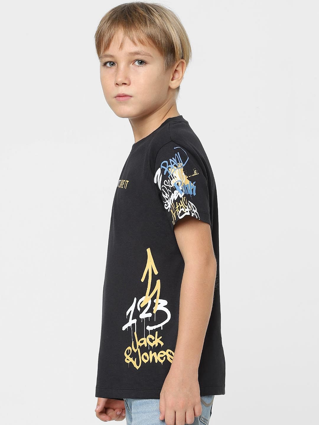 Boys Black Slogan Print T-shirt