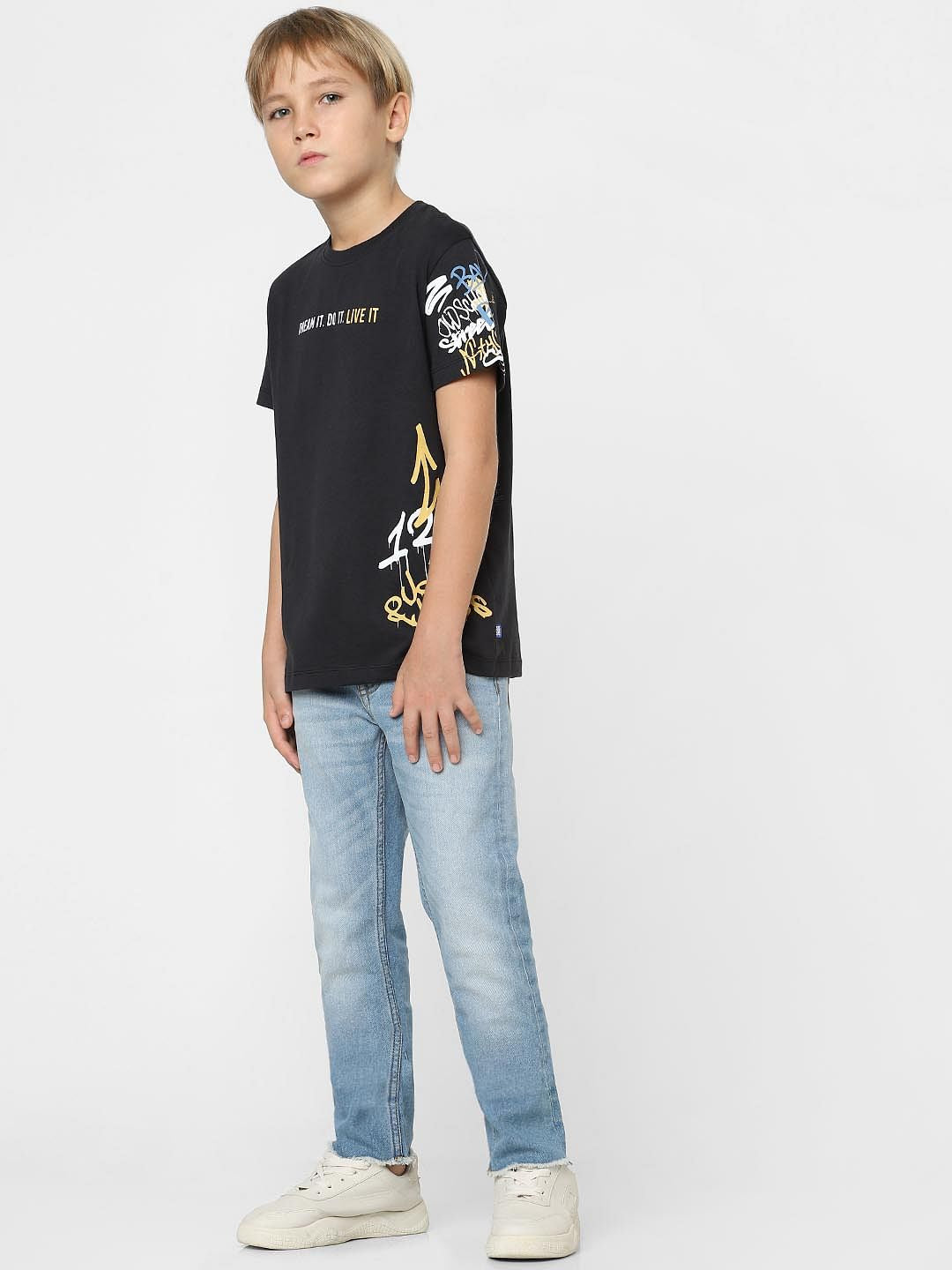 Boys Black Slogan Print T-shirt