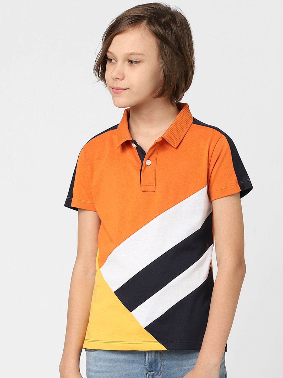 Boys Orange Colourblocked Polo T-shirt