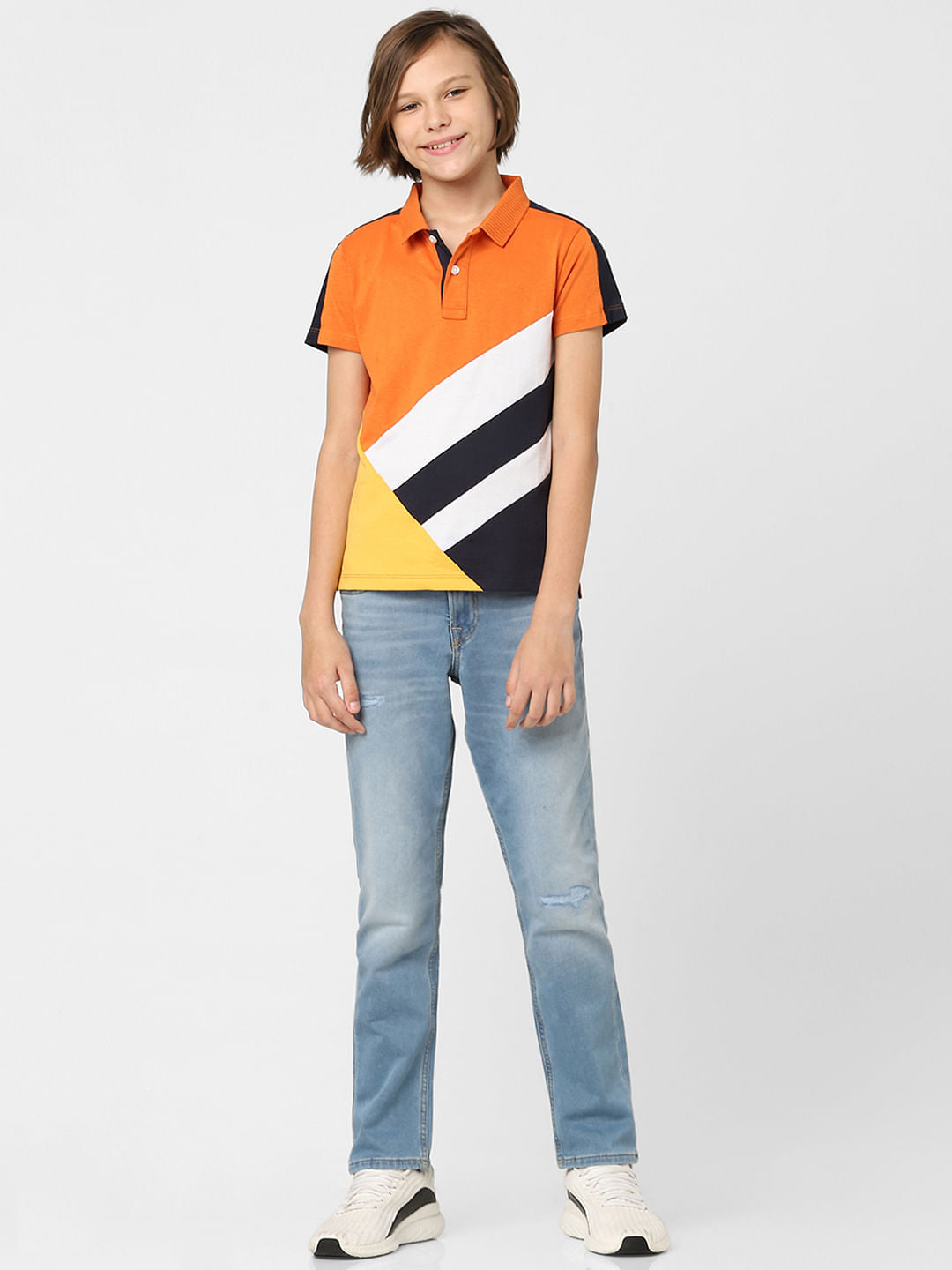 Boys Orange Colourblocked Polo T-shirt