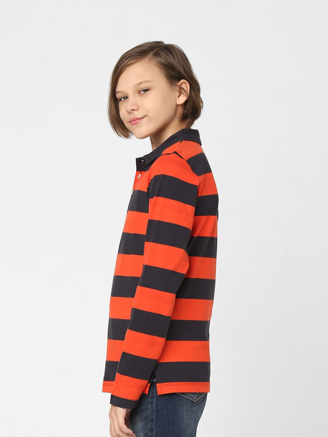 Boys Red Striped Polo Neck T-shirt