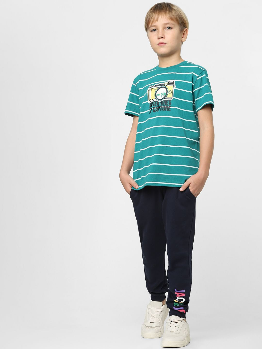 Boys Green Striped Crew Neck T-shirt