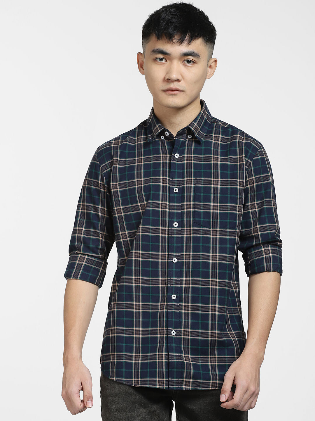 Dark Green Check Print Full Sleeves Shirt
