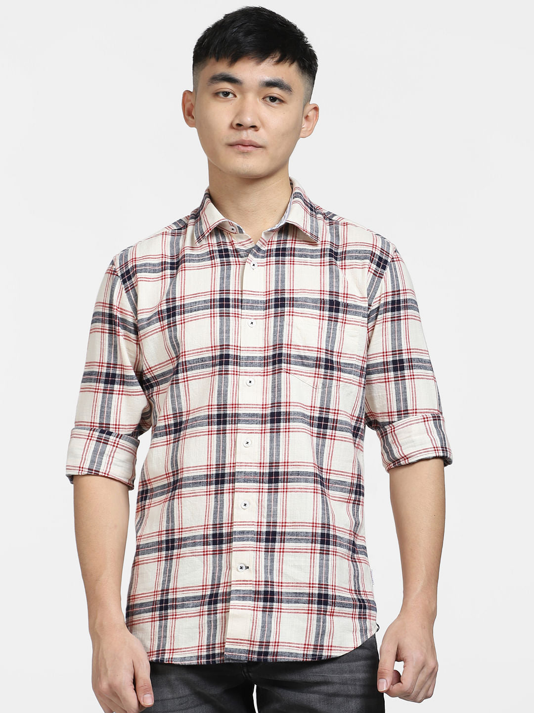Beige Check Print Full Sleeves Shirt