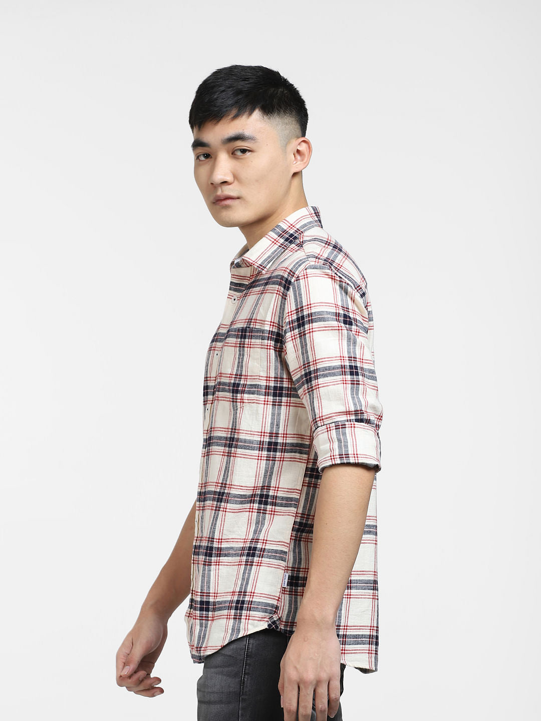 Beige Check Print Full Sleeves Shirt